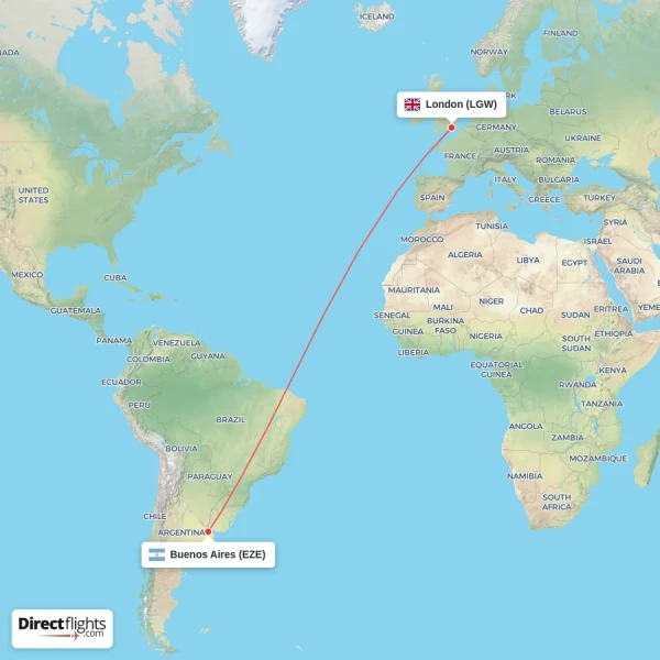 London - Buenos Aires direct flight map