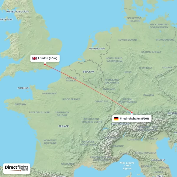 London - Friedrichshafen direct flight map