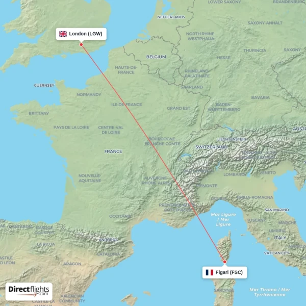 London - Figari direct flight map
