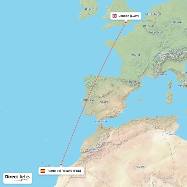 London - Puerto del Rosario direct flight map