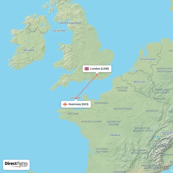 London - Guernsey direct flight map
