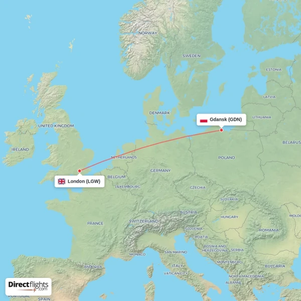 London - Gdansk direct flight map