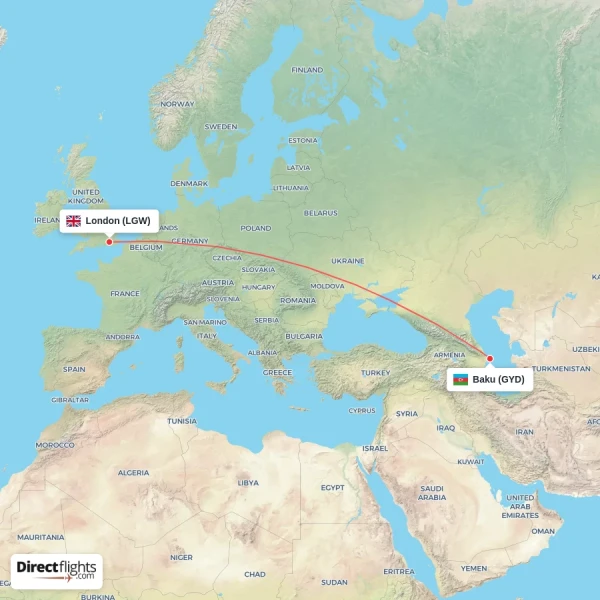 London - Baku direct flight map