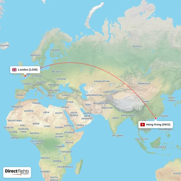 London - Hong Kong direct flight map