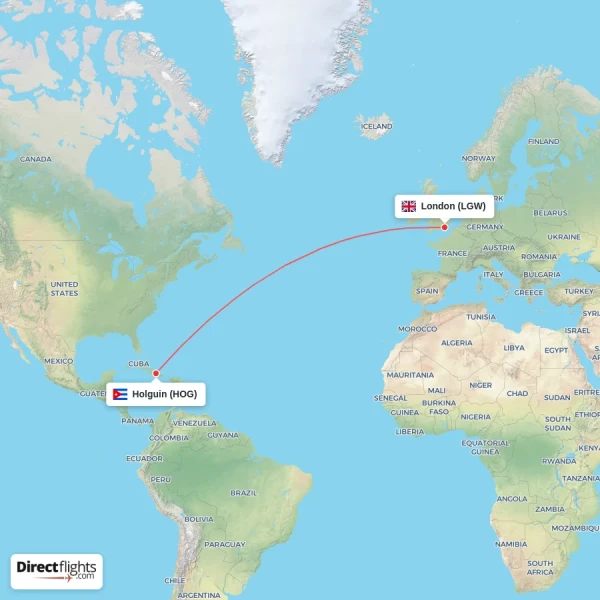 London - Holguin direct flight map