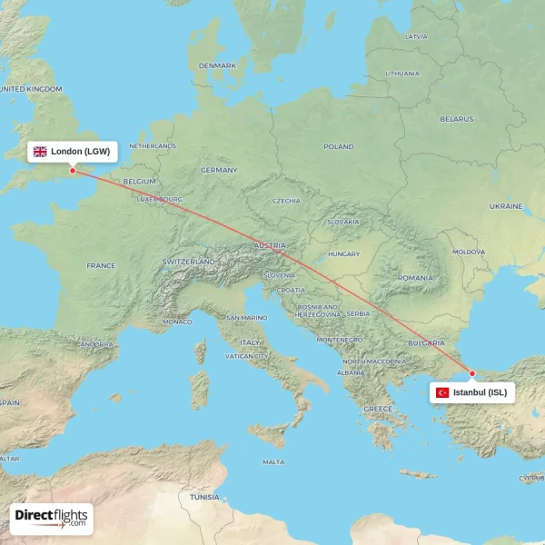 London - Istanbul direct flight map