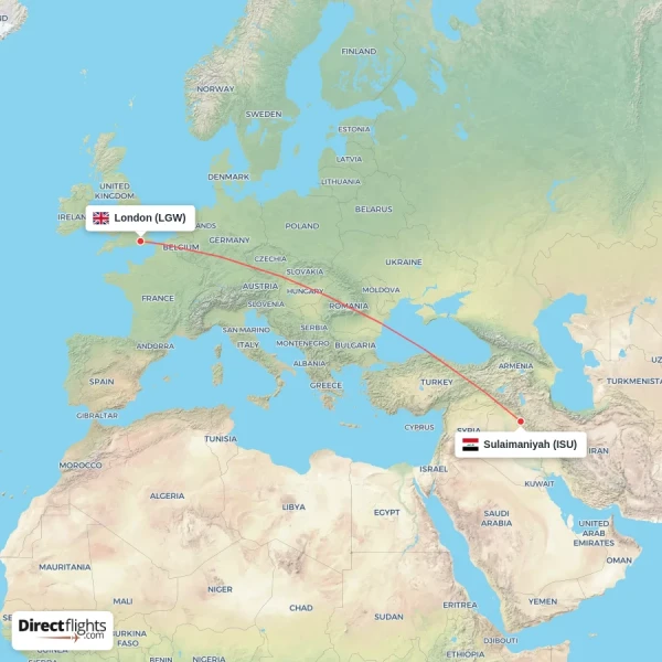 London - Sulaimaniyah direct flight map