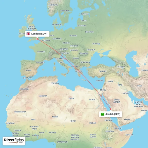 London - Jeddah direct flight map