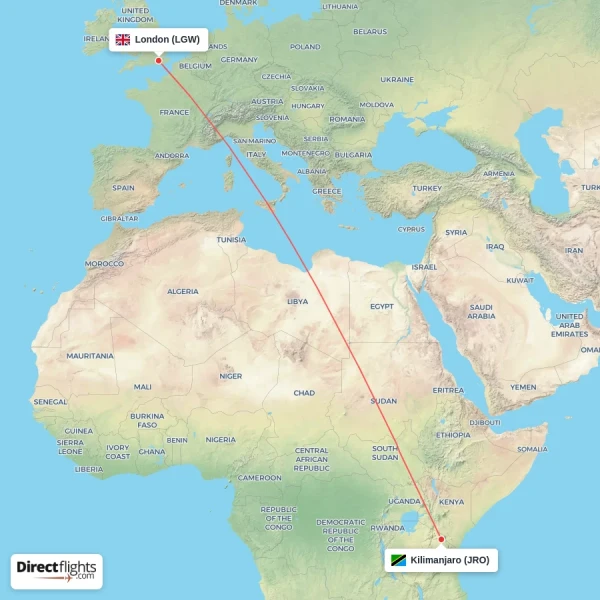 London - Kilimanjaro direct flight map