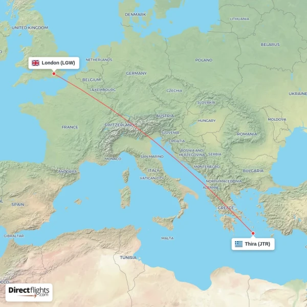 London - Thira direct flight map