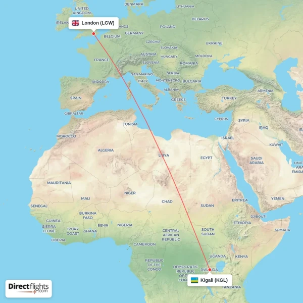 London - Kigali direct flight map