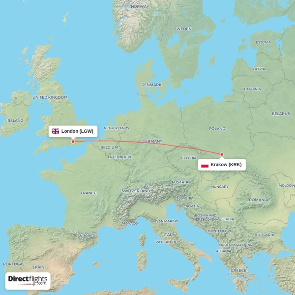 London - Krakow direct flight map