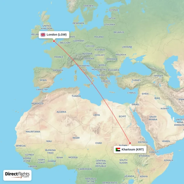 London - Khartoum direct flight map