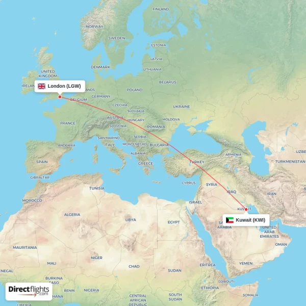 London - Kuwait direct flight map