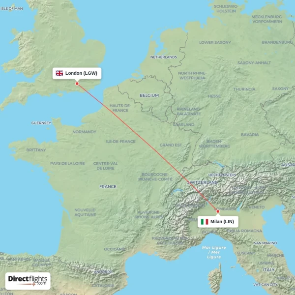 London - Milan direct flight map