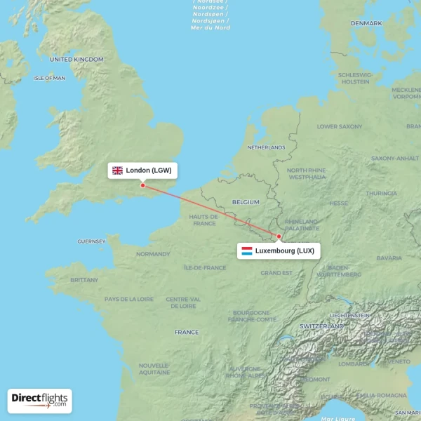 London - Luxembourg direct flight map