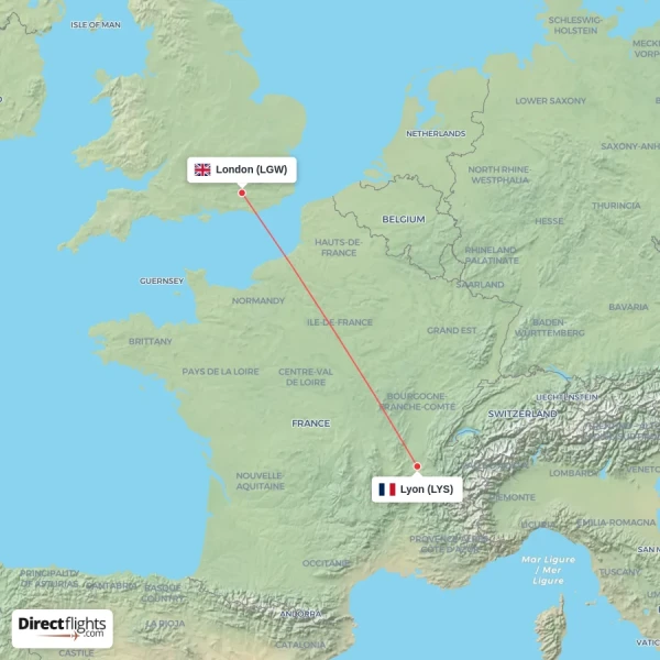 London - Lyon direct flight map