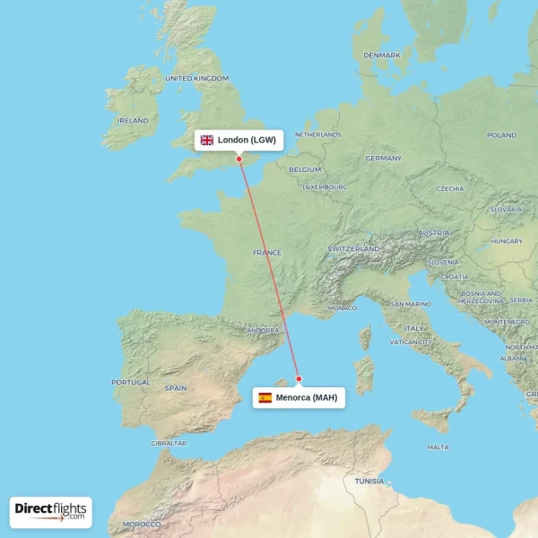 London - Menorca direct flight map