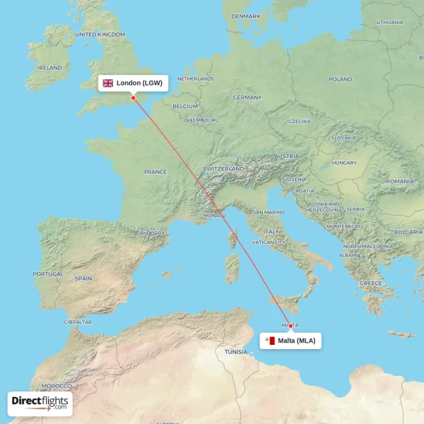London - Malta direct flight map