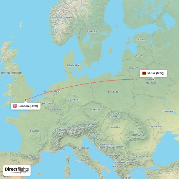 London - Minsk direct flight map