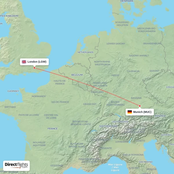 London - Munich direct flight map