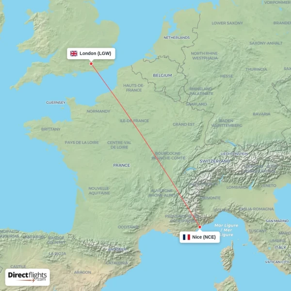 London - Nice direct flight map
