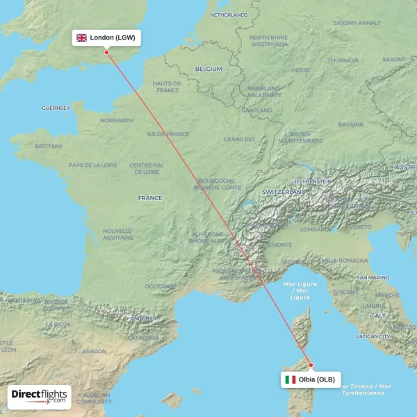 London - Olbia direct flight map