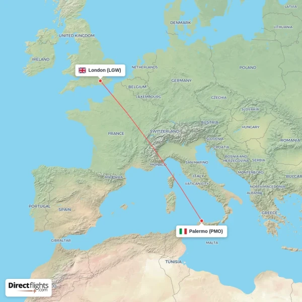 London - Palermo direct flight map