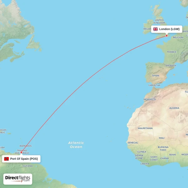 London - Port Of Spain direct flight map