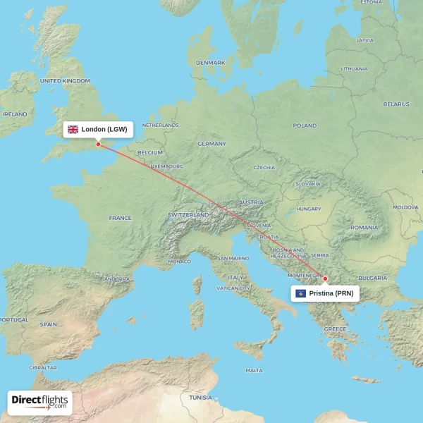 London - Pristina direct flight map