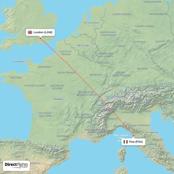 London - Pisa direct flight map
