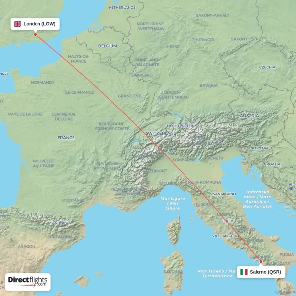 London - Salerno direct flight map