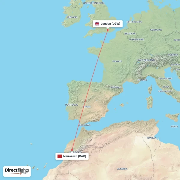 London - Marrakech direct flight map
