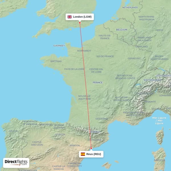 London - Reus direct flight map
