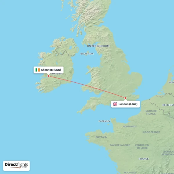 London - Shannon direct flight map