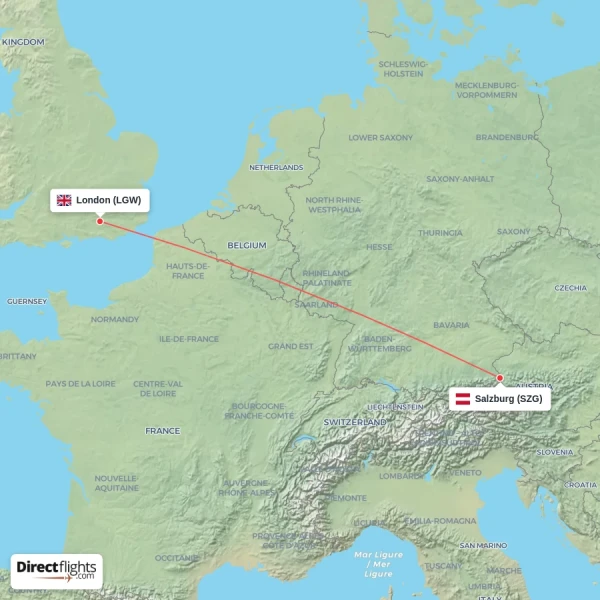 London - Salzburg direct flight map