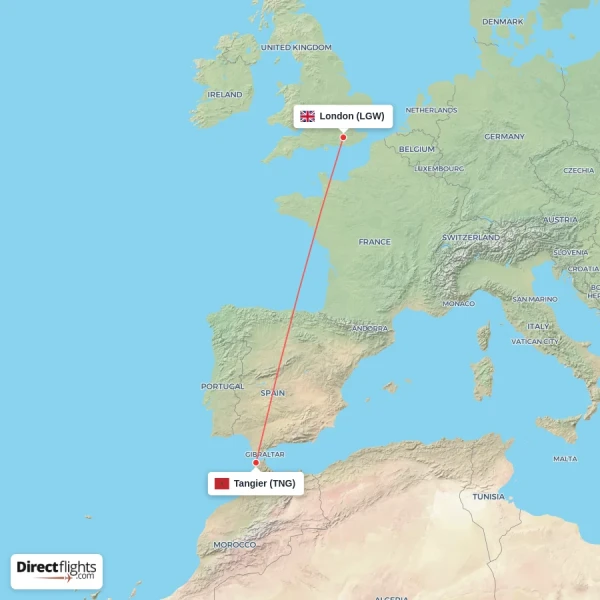 London - Tangier direct flight map