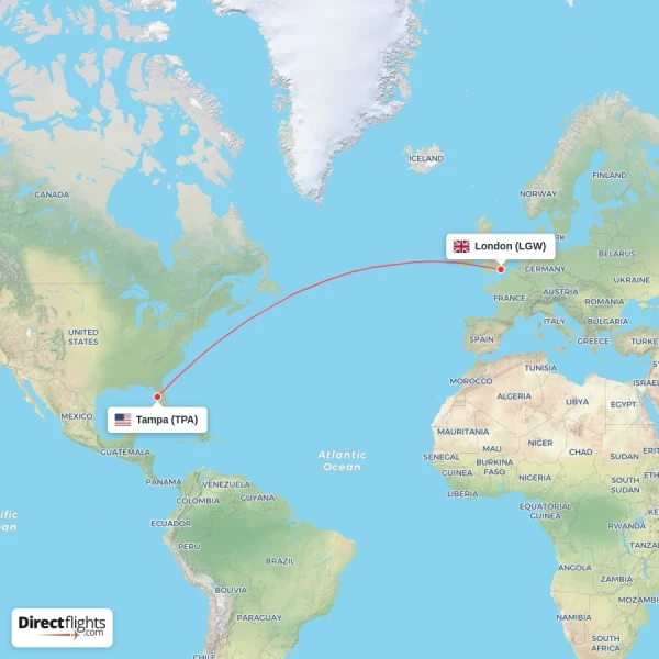 London - Tampa direct flight map