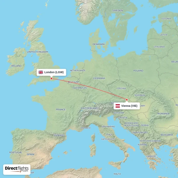 London - Vienna direct flight map