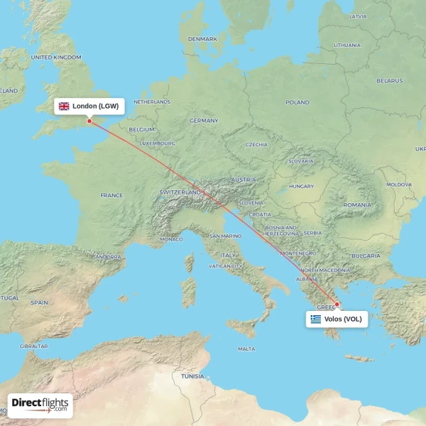 London - Volos direct flight map
