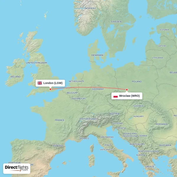 London - Wroclaw direct flight map