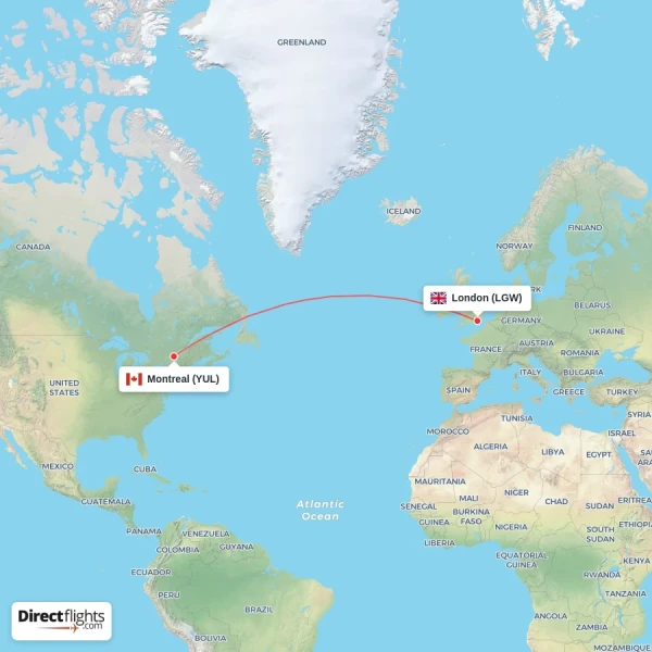 London - Montreal direct flight map