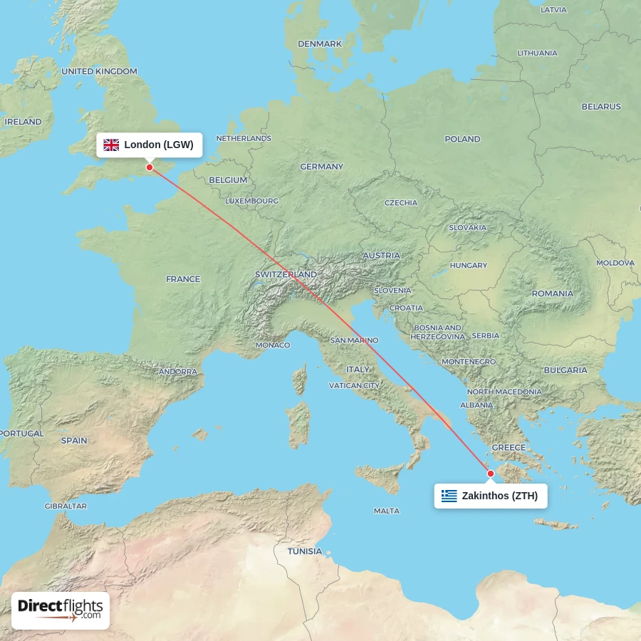 LGW - ZTH route map