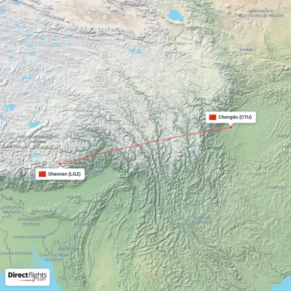 Shannan - Chengdu direct flight map