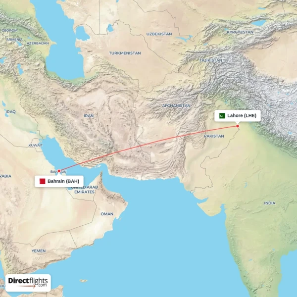 Lahore - Bahrain direct flight map