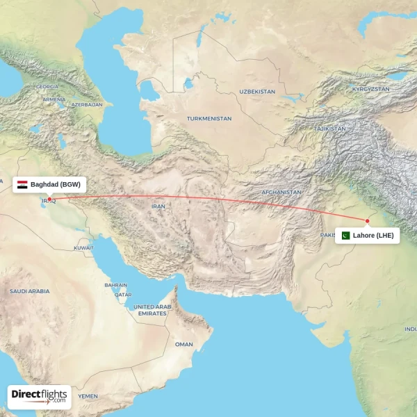 Lahore - Baghdad direct flight map