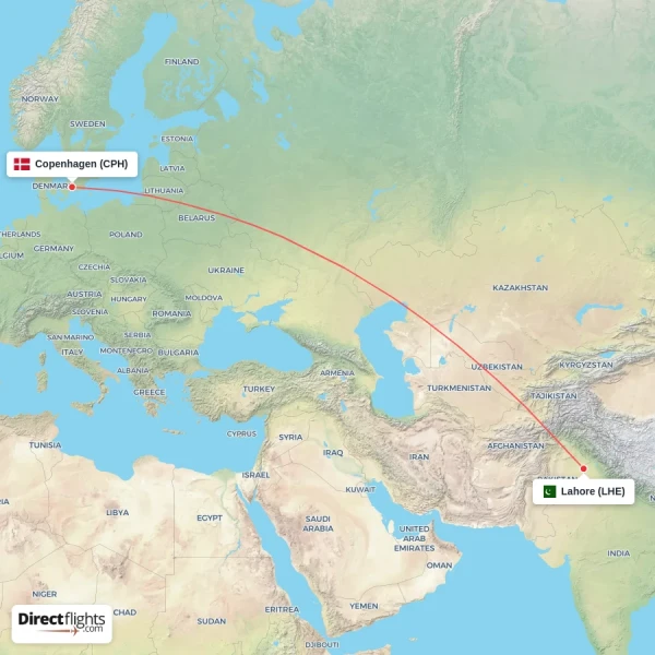 Lahore - Copenhagen direct flight map