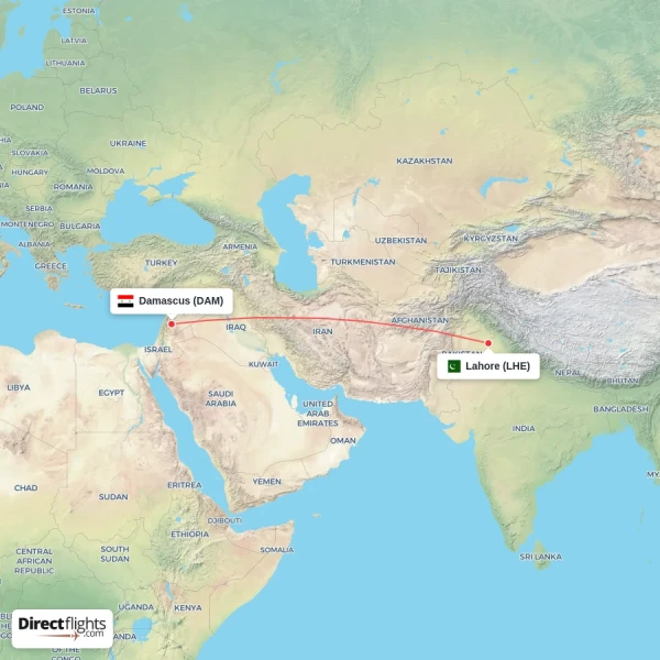 Lahore - Damascus direct flight map