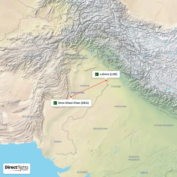 Lahore - Dera Ghazi Khan direct flight map