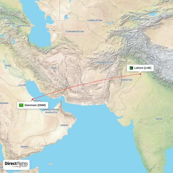 Lahore - Dammam direct flight map